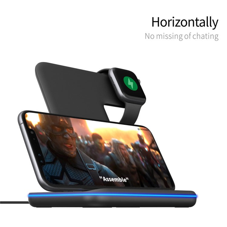 3-in-1 Desktop Vertical 15W Wireless Charger Stand for iPhone/Apple Watch/Airpods - Black