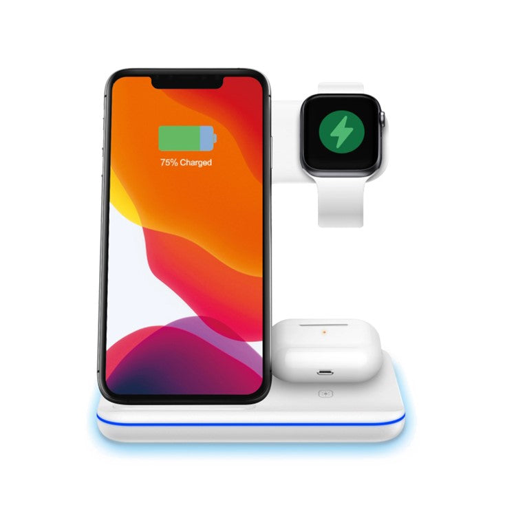 3-in-1 Desktop Vertical 15W Wireless Charger Stand for iPhone/Apple Watch/Airpods - White