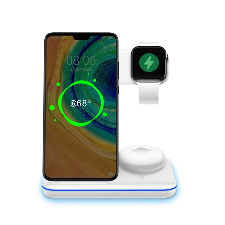 3-in-1 Desktop Vertical 15W Wireless Charger Stand for iPhone/Apple Watch/Airpods - White