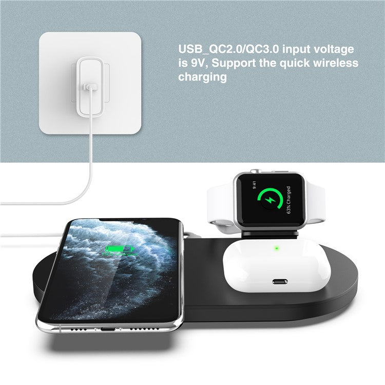 A04 3-in-1 Multifunctional Wireless Charger 10W Charging Dock Station Holder Stand fo Apple Watch AirPods and Qi Standard Smartphones - Black