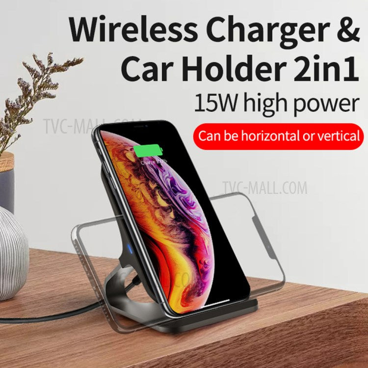 15W Qi Wireless Charger Mobiel Phone Desk Fast Charging Stand for iPhone Samsung - Black/Black