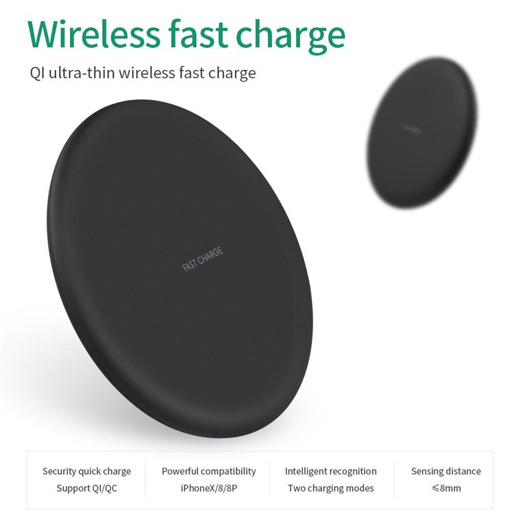 KC-N5 Qi Wireless Phone Charger Cradle Super Slim 10W Fast Charging Pad for Smartphone - Black