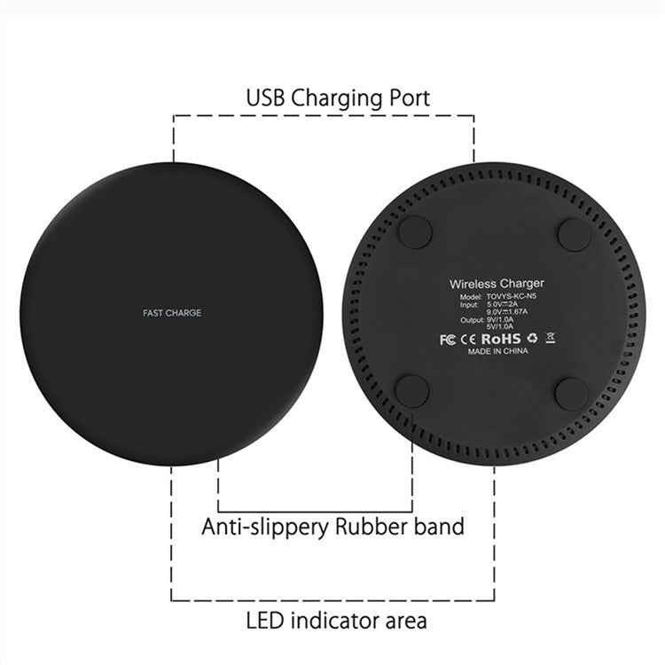 KC-N5 Qi Wireless Phone Charger Cradle Super Slim 10W Fast Charging Pad for Smartphone - Black