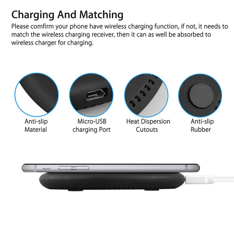 KC-N5 Qi Wireless Phone Charger Cradle Super Slim 10W Fast Charging Pad for Smartphone - Black