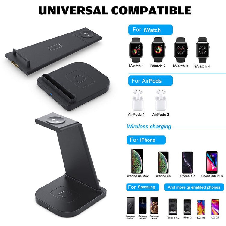 B12 Phone Smartwatch Bluetooth Earphone Wireless Charger Stand 3 in 1 Fast Charging Station - Black/for Apple Watch