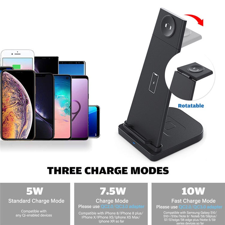 B12 Phone Smartwatch Bluetooth Earphone Wireless Charger Stand 3 in 1 Fast Charging Station - Black/for Apple Watch