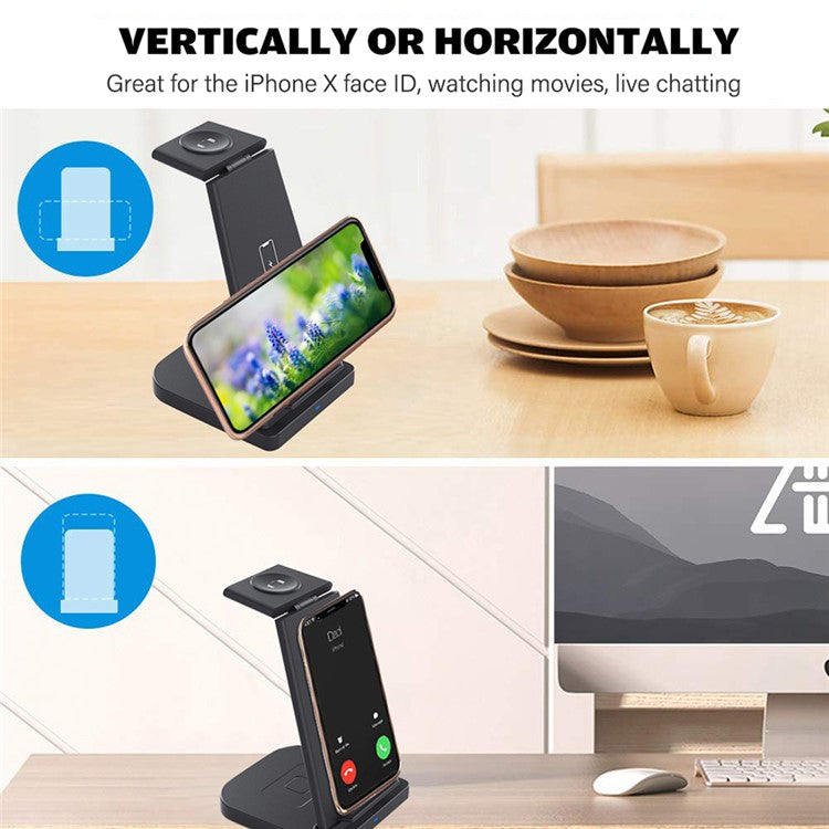 B12 Phone Smartwatch Bluetooth Earphone Wireless Charger Stand 3 in 1 Fast Charging Station - Black/for Apple Watch