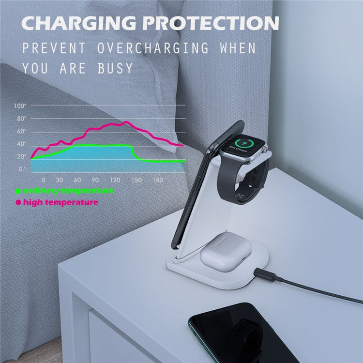 B12 Phone Smartwatch Bluetooth Earphone Wireless Charger Stand 3 in 1 Fast Charging Station - White / for Apple Watch