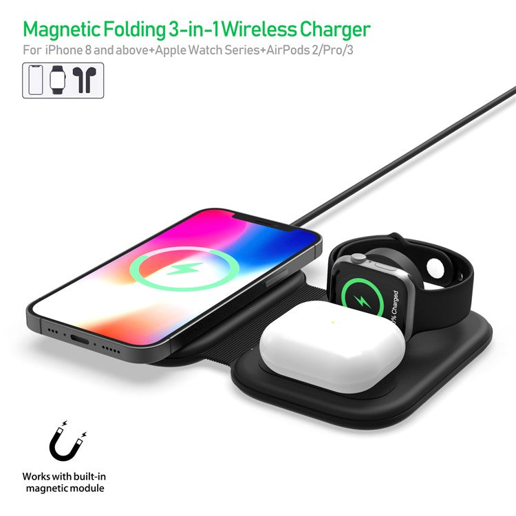 F20 Magnetic Folding 3 in1 Wireless Fast Charging Station for iPhone Apple Watch AirPods Galaxy Buds