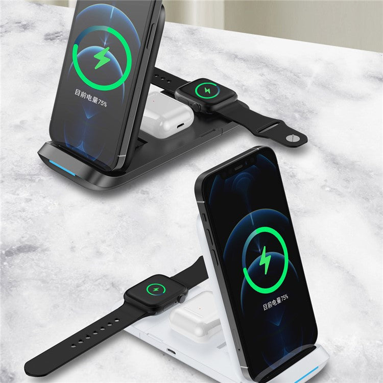 HS-V8 3 in 1 15W Foldable Wireless Charger Qi Fast Charging Stand Dock for iPhone Apple Watch AirPods