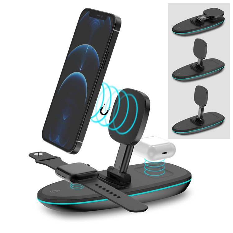 V9 3 in 1 Magnetic Foldable Wireless Charger Charging Dock Station with LED Light for iPhone 12 Pro Max Samsung - Black