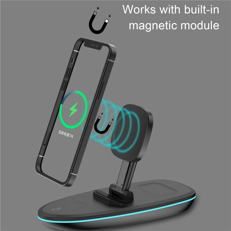 V9 3 in 1 Magnetic Foldable Wireless Charger Charging Dock Station with LED Light for iPhone 12 Pro Max Samsung - Black