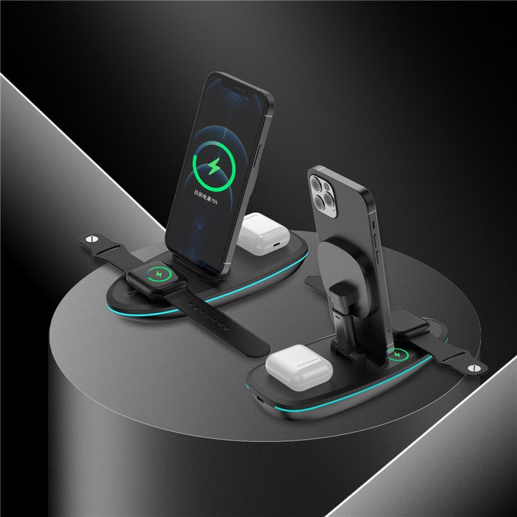 V9 3 in 1 Magnetic Foldable Wireless Charger Charging Dock Station with LED Light for iPhone 12 Pro Max Samsung - Black