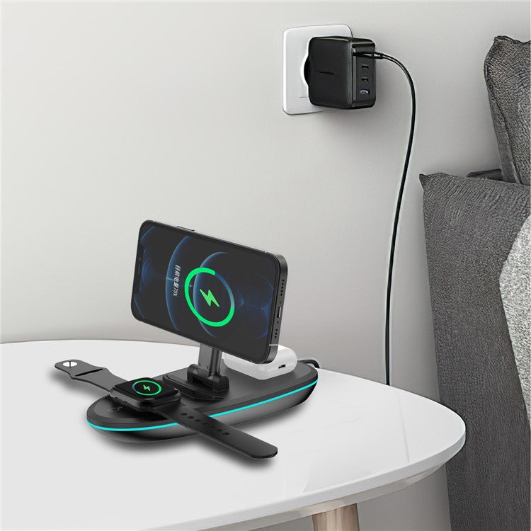 V9 3 in 1 Magnetic Foldable Wireless Charger Charging Dock Station with LED Light for iPhone 12 Pro Max Samsung - Black