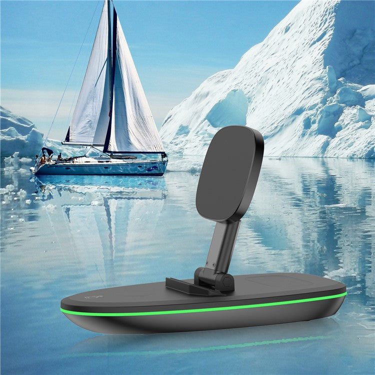 V9 3 in 1 Magnetic Foldable Wireless Charger Charging Dock Station with LED Light for iPhone 12 Pro Max Samsung - Black