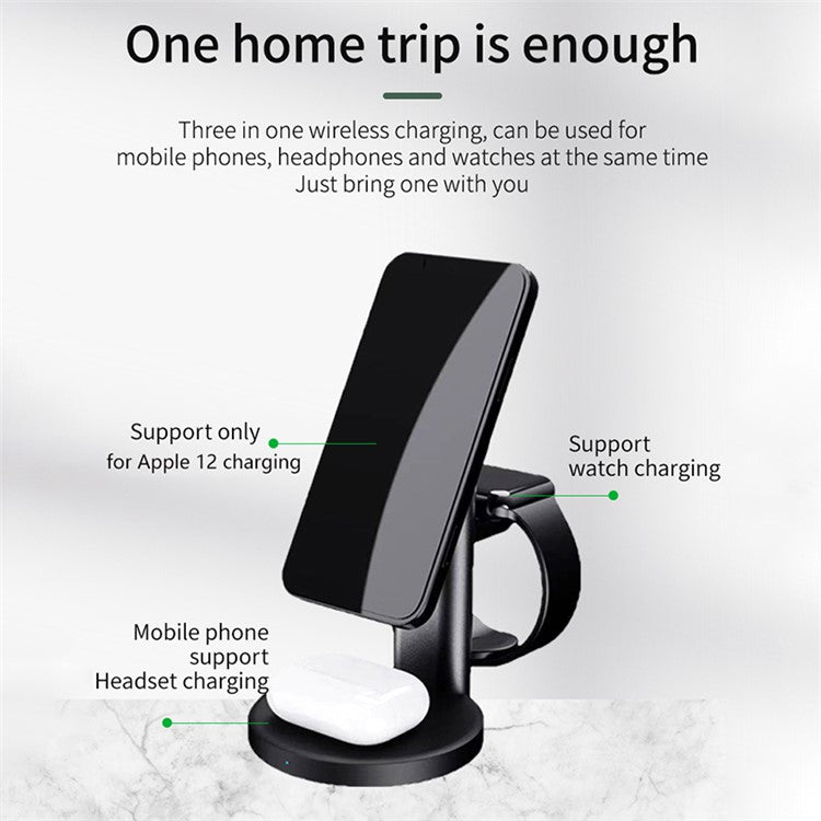 S36 3-in-1 15W Magnetic Wireless Charger Desktop Fast Charging Stand for iPhone 12 Series iWatch AirPods - Black