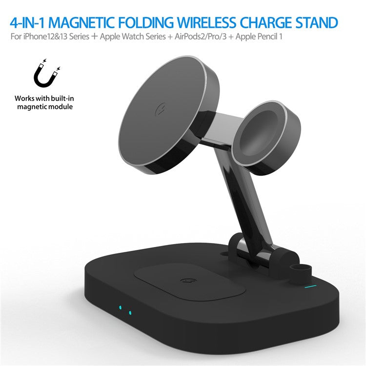 T2 4-in-1 15W Magnetic Wireless Charger Desktop Wireless Charging Stand Dock for iPhone 12 Series iWatch AirPods Apple Pencil - Black