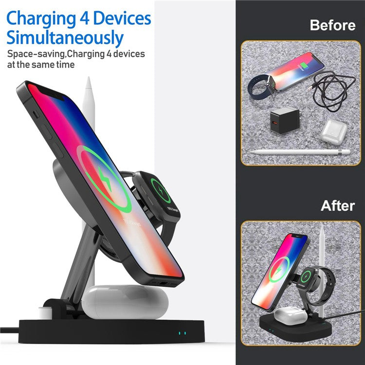 T2 4-in-1 15W Magnetic Wireless Charger Desktop Wireless Charging Stand Dock for iPhone 12 Series iWatch AirPods Apple Pencil - Black