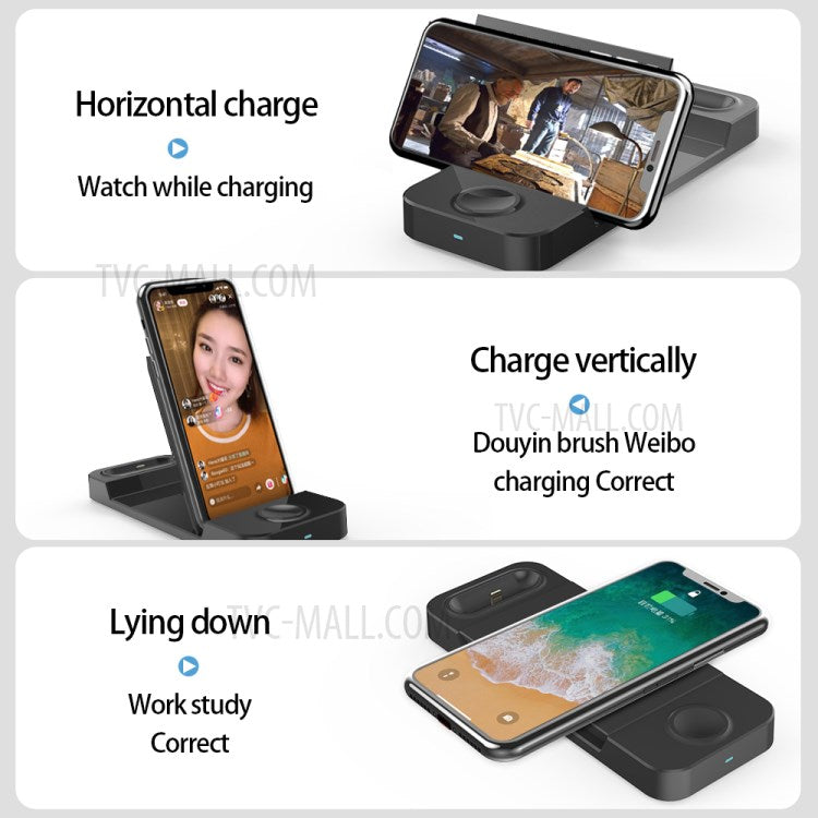 H12 Foldable 3 in 1 Wireless Charger Station 15W Fast Charging Stand Holder for iPhone/Apple Watch/Earphone