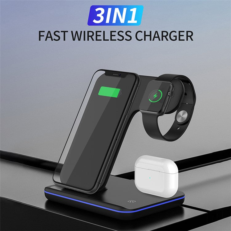 Z5 Upgraded 3-in-1 15W Wireless Charger Qi Fast Charging Stand Dock for iPhone Android iWatch AirPods - Black