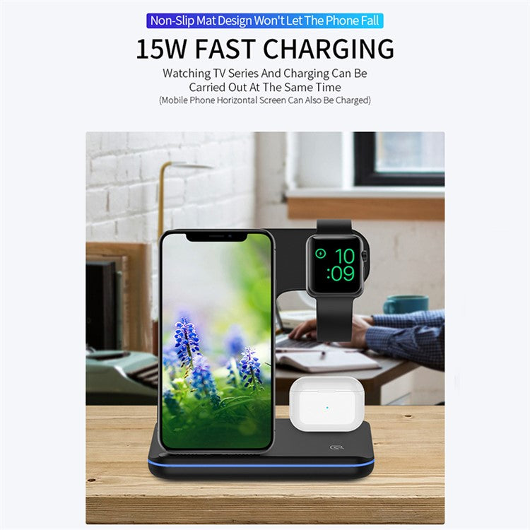 Z5 Upgraded 3-in-1 15W Wireless Charger Qi Fast Charging Stand Dock for iPhone Android iWatch AirPods - Black