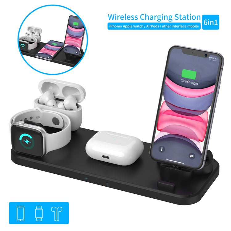 D6 6 in 1 Rotatable Folding Wireless Charger Stand Dock Mobile Phone Universal Fast Charging Station - Black