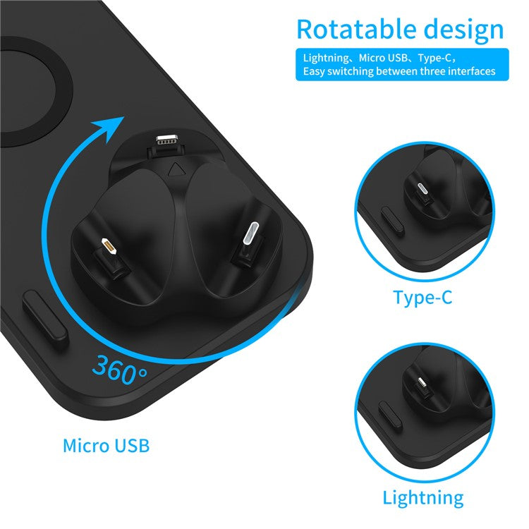 D6 6 in 1 Rotatable Folding Wireless Charger Stand Dock Mobile Phone Universal Fast Charging Station - Black