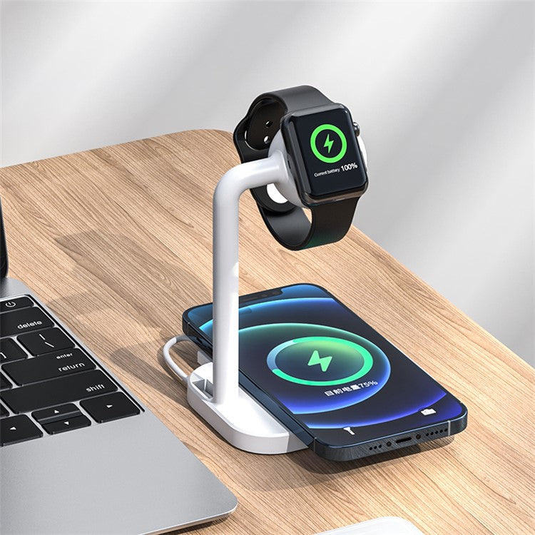 2 in 1 Magnetic Wireless Charger Desktop Wireless Fast Charging Base Stand Dock Station for Apple Watch/iPhone - White