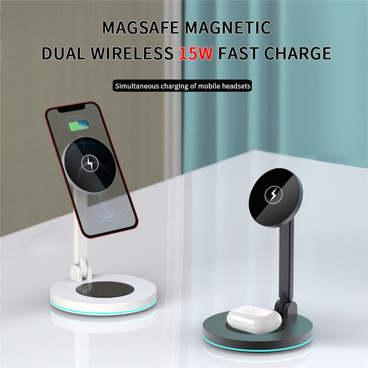 Y21 Folding Magnetic Wireless Charger 15W Fast Charging Stand Holder with LED Ambient Light for Earphones/Smart Phones - Black