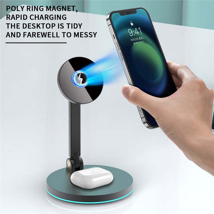 Y21 Folding Magnetic Wireless Charger 15W Fast Charging Stand Holder with LED Ambient Light for Earphones/Smart Phones - Black