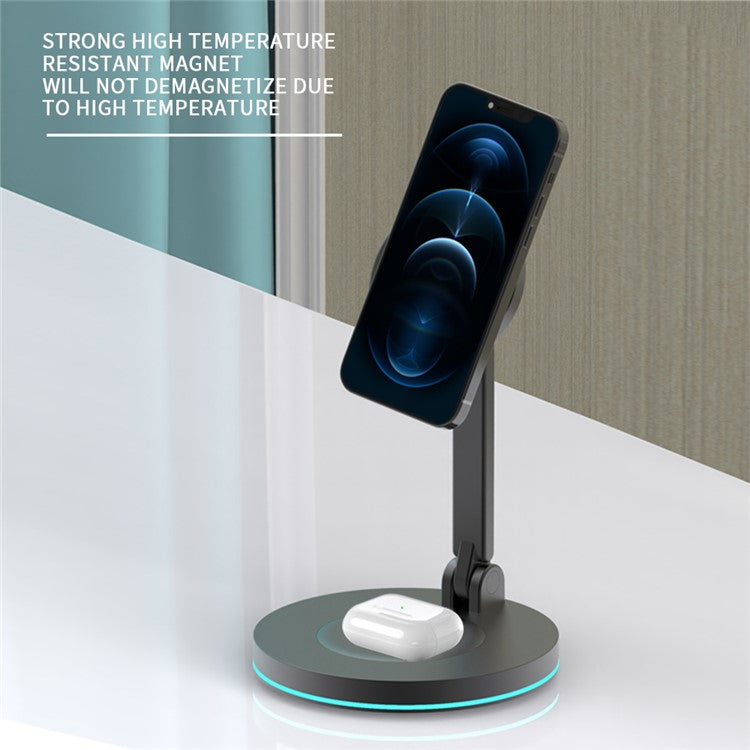 Y21 Folding Magnetic Wireless Charger 15W Fast Charging Stand Holder with LED Ambient Light for Earphones/Smart Phones - Black