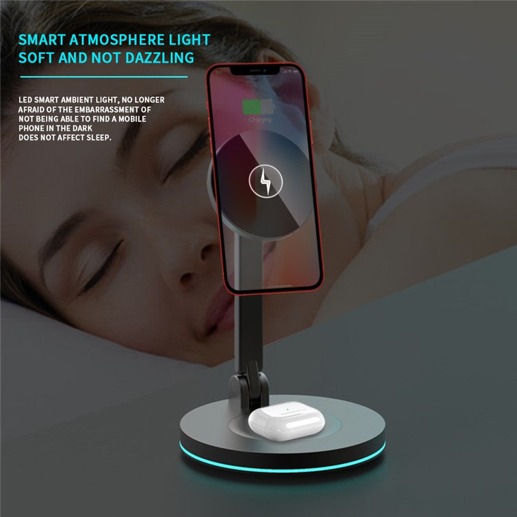 Y21 Folding Magnetic Wireless Charger 15W Fast Charging Stand Holder with LED Ambient Light for Earphones/Smart Phones - Black