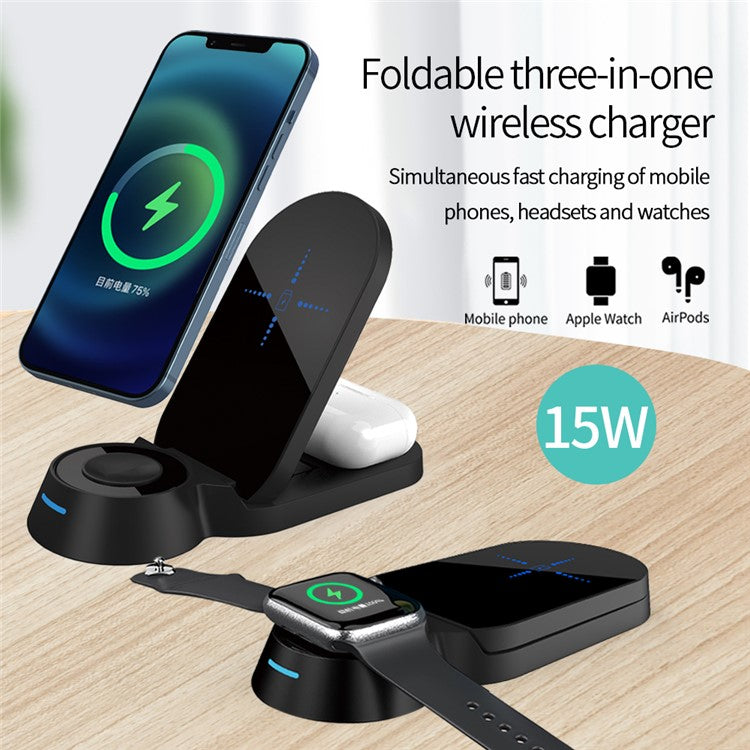 H22 Foldable 3-in-1 Wireless Charger 15W Fast Charging Stand Dock for Smartphones/Watches/Earphones