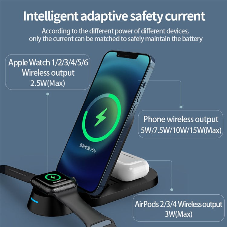 H22 Foldable 3-in-1 Wireless Charger 15W Fast Charging Stand Dock for Smartphones/Watches/Earphones