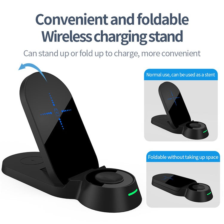 H22 Foldable 3-in-1 Wireless Charger 15W Fast Charging Stand Dock for Smartphones/Watches/Earphones