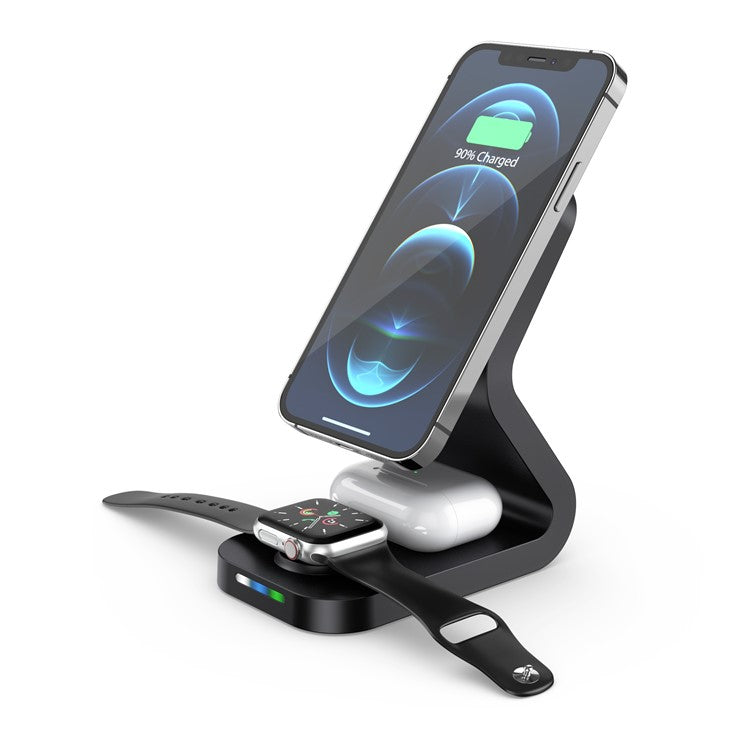 B16 15W 3-in-1 Qi Magnetic Wireless Charger Desktop Fast Charging Stand Dock for iPhone 12 Series/iWatch/AirPods Pro - Black