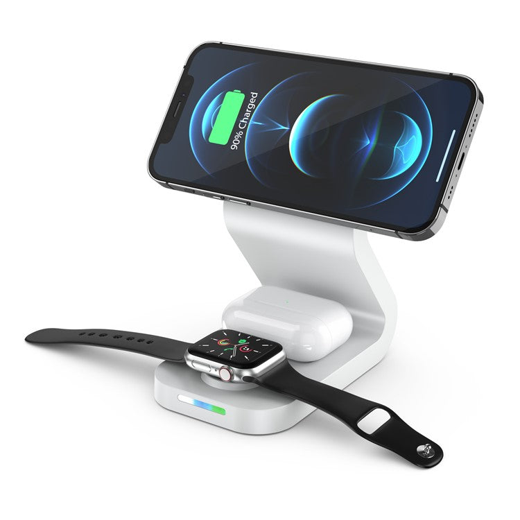 B16 15W 3-in-1 Qi Magnetic Wireless Charger Desktop Fast Charging Stand Dock for iPhone 12 Series/iWatch/AirPods Pro - White