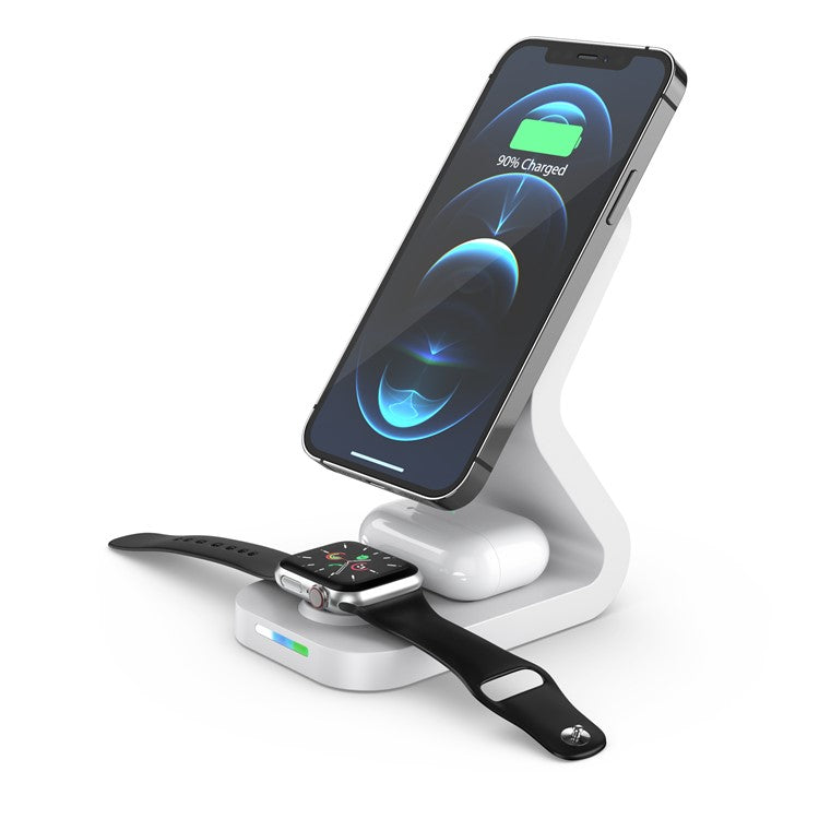 B16 15W 3-in-1 Qi Magnetic Wireless Charger Desktop Fast Charging Stand Dock for iPhone 12 Series/iWatch/AirPods Pro - White