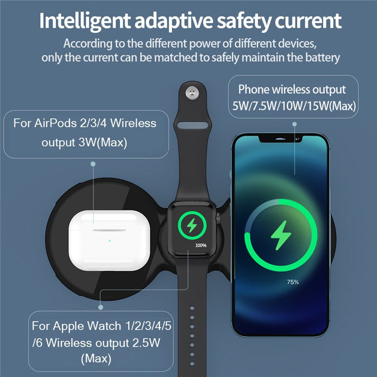 H20 3 in 1 15W Wireless Charger Fast Charging Pad Station Holder for Smartphone/Smart Watch/Earphone