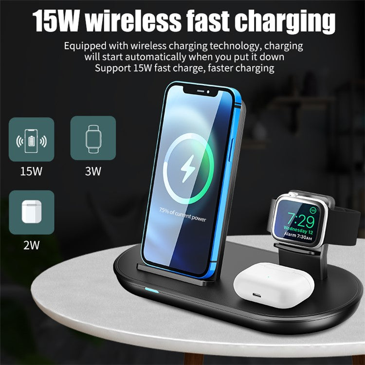 K3 3 in 1 15W Fast Charging Wireless Charger Stand Bracket for iPhone Airpods Apple Watch - White