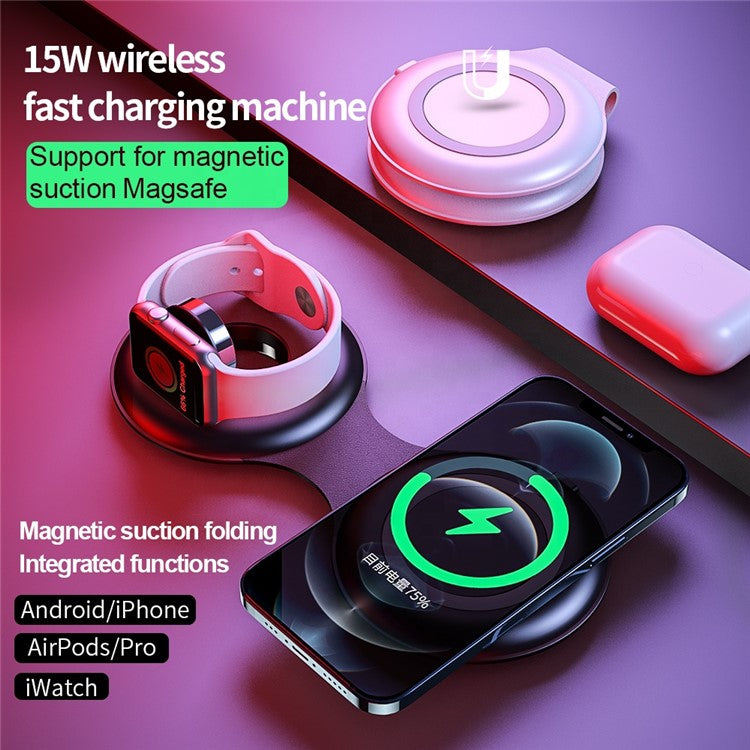 WS40 15W 3 in 1 Multi-functional Folding Wireless Fast Charger with Magnetic Adsorption - Black