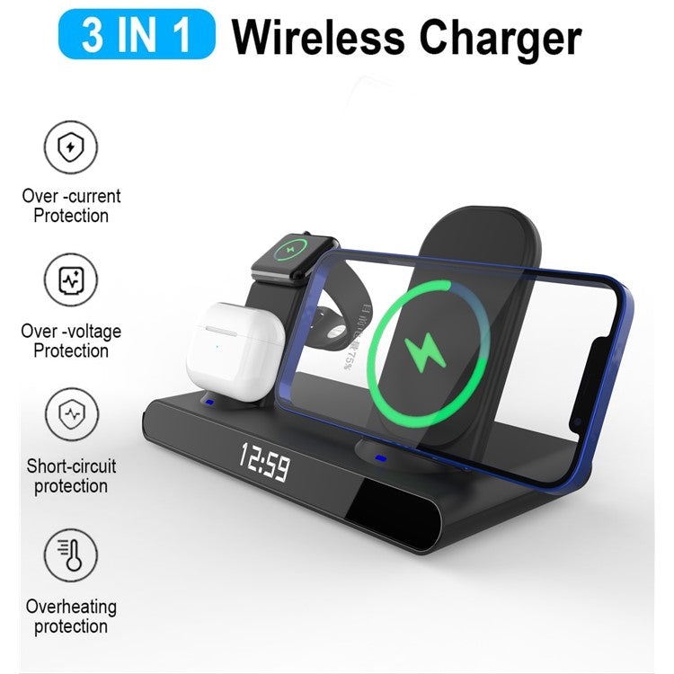 HY-011 3-in-1 Digital Clock Design Rechargeable 15W Wireless Charger Qi Fast Charging Stand Dock for iPhone Android iWatch AirPods - White