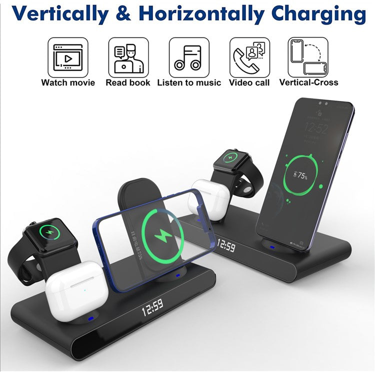 HY-011 3-in-1 Digital Clock Design Rechargeable 15W Wireless Charger Qi Fast Charging Stand Dock for iPhone Android iWatch AirPods - White