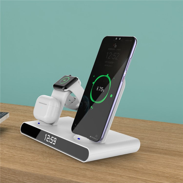 HY-011 3-in-1 Digital Clock Design Rechargeable 15W Wireless Charger Qi Fast Charging Stand Dock for iPhone Android iWatch AirPods - White