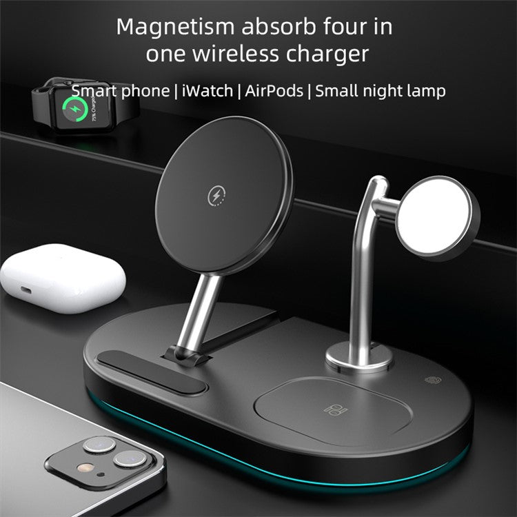 A23 4 in 1 Magnetic Wireless Charger Portable Folding Wireless Charging Stand with Small Night Lamp for iPhone 12 13 Series/iWatch/AirPods - Black