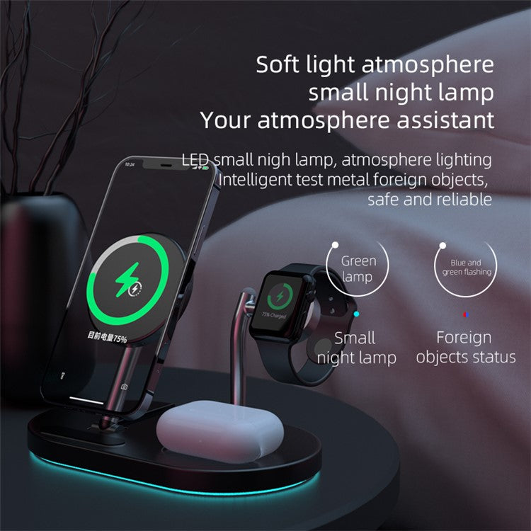 A23 4 in 1 Magnetic Wireless Charger Portable Folding Wireless Charging Stand with Small Night Lamp for iPhone 12 13 Series/iWatch/AirPods - Black