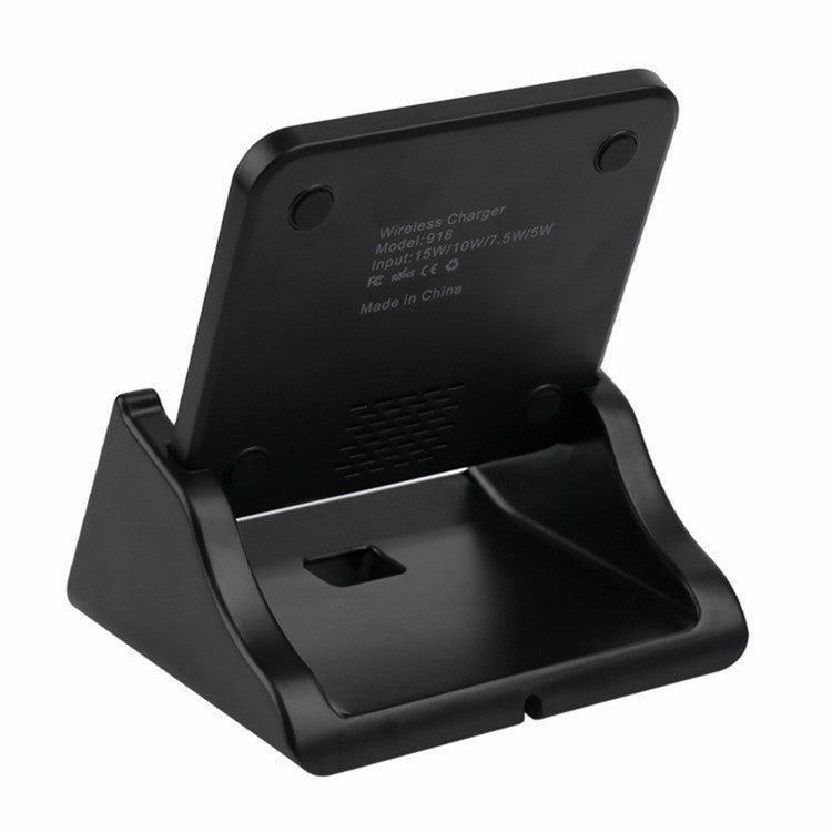 918 15W Vertical Wireless Charger Desktop Phone Stand Qi Fast Charging Dock - Black