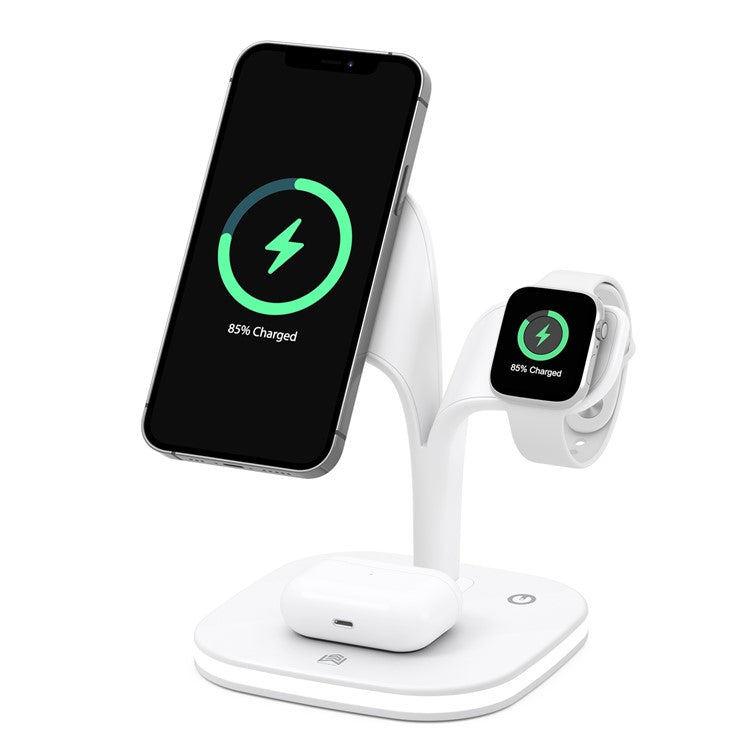 YM-UD22 5 in 1 Magnetic Wireless Charger Stand Portable Phone Charging Holder with Light for iPhone 12/13 Series AirPods2/Pro/iWatch - White