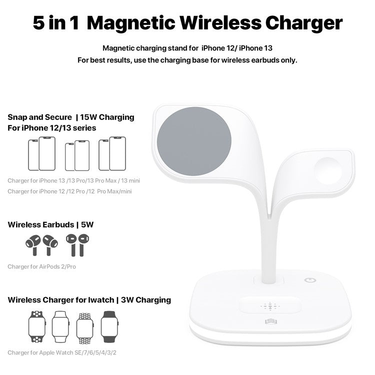 YM-UD22 5 in 1 Magnetic Wireless Charger Stand Portable Phone Charging Holder with Light for iPhone 12/13 Series AirPods2/Pro/iWatch - White