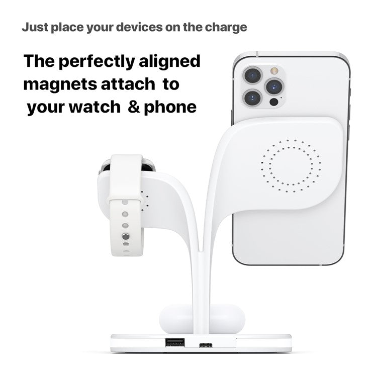 YM-UD22 5 in 1 Magnetic Wireless Charger Stand Portable Phone Charging Holder with Light for iPhone 12/13 Series AirPods2/Pro/iWatch - White